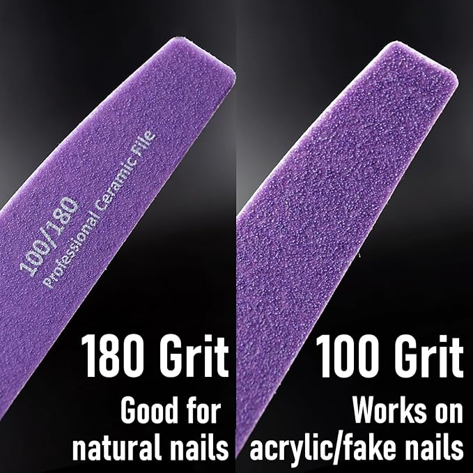Professional Nail Files, 100/180 Grit Double Sided Ceramic Board for Nails, 10 Pcs Washable Coarse Fingernail File for Acrylic and Extension Gel Removal Manicure Kit Salon Home Use, Violet