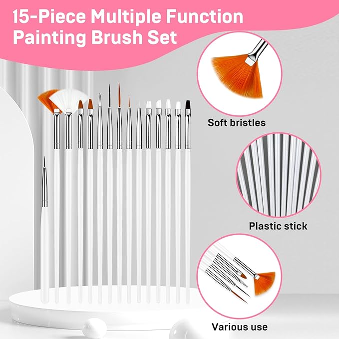 15pcs White Nail Art Brushes Set Nail Pen Designer Acrylic Nail Art Gel Painting Brushes Tool Dust Brush,Striping Brushes Dotting Tools for Long Lines Fan Brush Gel Polish Nail Art Supplies