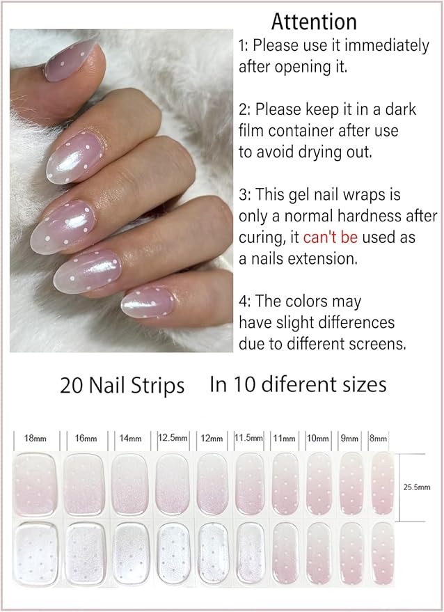 Semi Cured Gel Nail Strips, Dot Gradient 20pcs Adhesive UV Sticker, Wraps for Home Manicure DIY