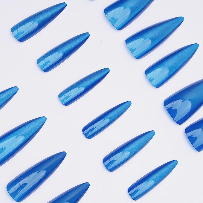 MISUD Press on Nails - Long Stiletto Fake Nails, Acrylic Summer Blue Cat Eye Design 24 pcs
