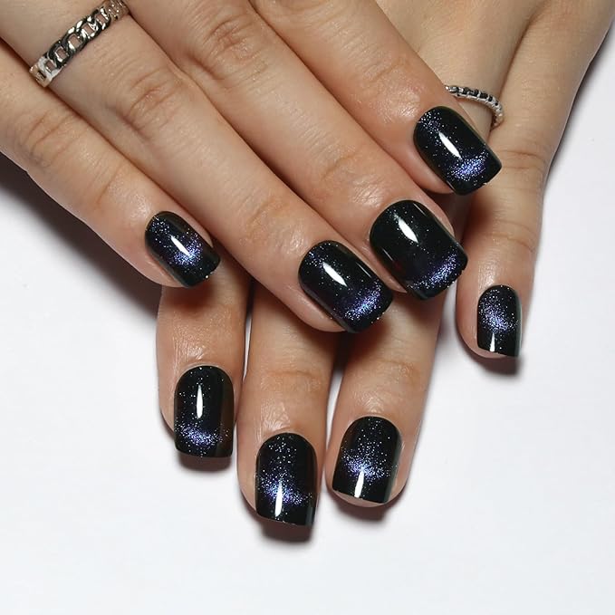 Purple Press On Nails Short Square – Light Dancer Magnetic Cat Eye Nails with Shimmering Motion Curve, Glossy Gel Finish, Reusable Glue On Fake Nails for Women, Amethyst Waltz