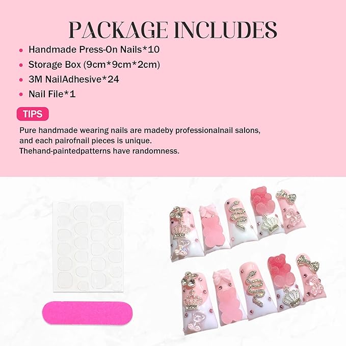 10Pcs Long Press on Nails Handmade Duck Fake Nails French Tip False Nails with Glue 3D Charms Design Acrylic Nails Luxury Rose Pink Stick on Nail for Women (Size M)