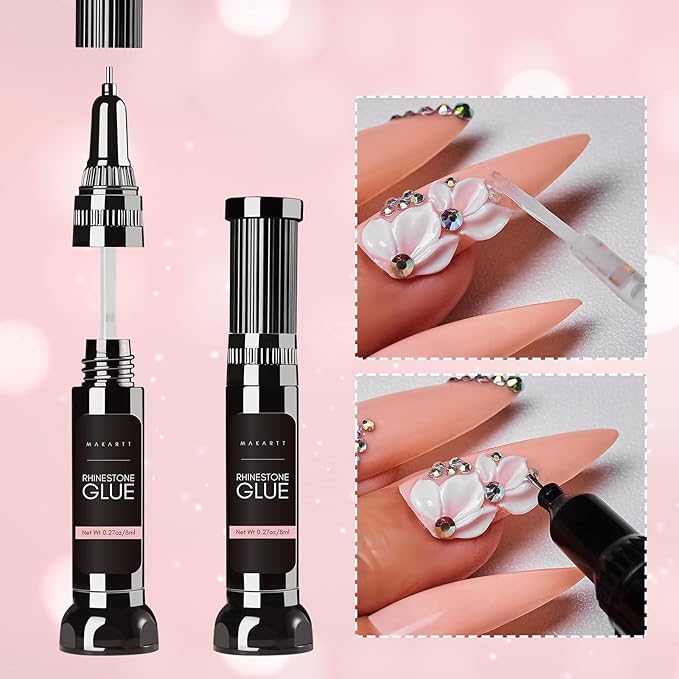 Makartt Nail Rhinestone Glue with Clear Blooming Gel Bundle, Clear Nail Glue Precision Pen Nail Art Glue Gel, 15ml UV LED Soak Off Nail Art Polish for Spreading Effect