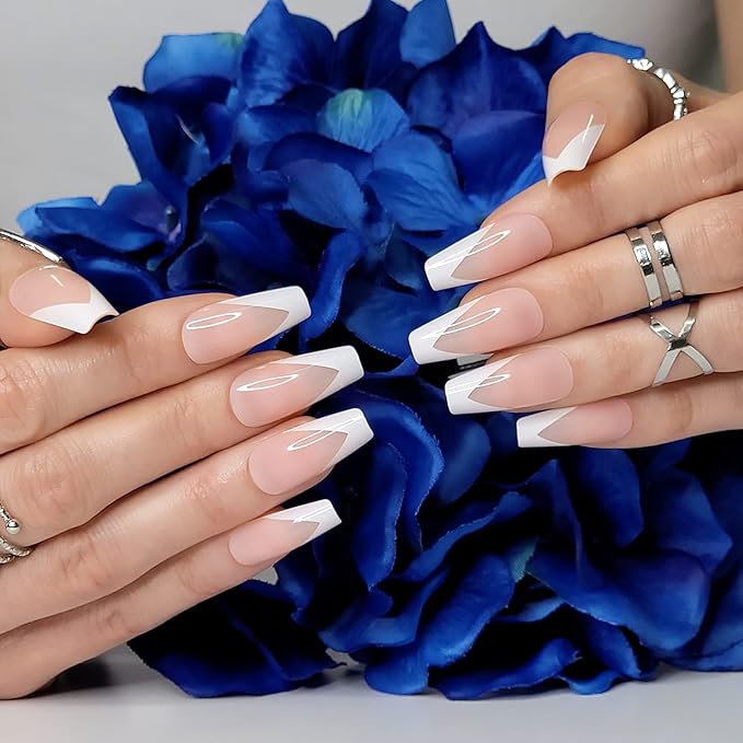 Hypnaughty 24 Pcs Modern White French Coffin Press On Nails with Design and Glue Medium Long Glue on Nails Nude Color False Nails (Modern White French)
