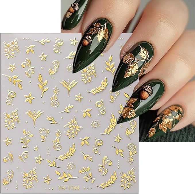 6Pcs Gold Nail Art Stickers 3D Metallic Floral Leaf Nails Decals Gold Cherry Blossom Flower Nail Stickers Butterfly Nails Art Design Supplies for Women Girl Spring DIY Manicure Decoration Accessories