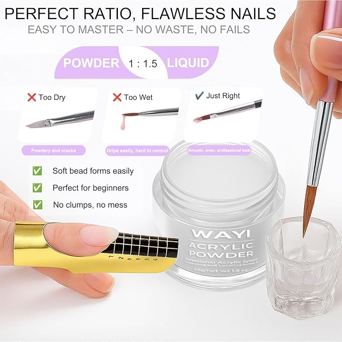 Acrylic Nail Kit with Monomer Liquid – 4 Colors Powder, Brush, Crystal Cup, Nail Forms & File | All-in-One Acrylic Extension Set for Beginners & Professionals