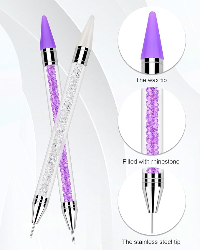 Rhinestone Picker Tool, 2 Rhinestone Tool Dual-Ended Wax Pen with 4PCS Replaceable Wax Tips and 1 Tweezers for DIY Nail Art Tool (Purple & White)