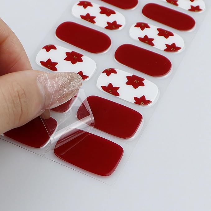 JMEOWIO Gel Nail Stickers Red Flower Semi Cured Gel Nail Strips Wraps UV/LED Nails Art Design Decoration Accessories