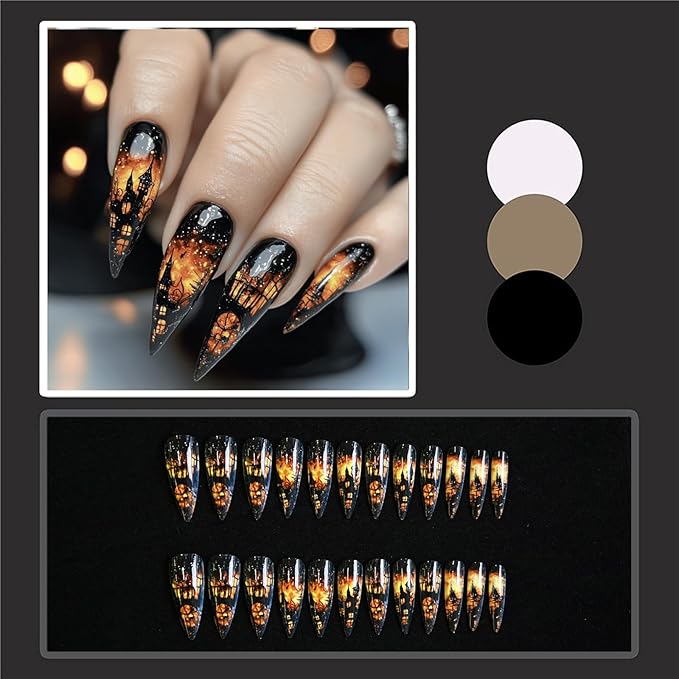 24 Pcs Halloween Long Stilettos Press on Nails, Full Cover Glossy Fake Nails, Flame & Ruined Castle Designs False Nails, Acrylic Stick on Nails for Women Nail Art
