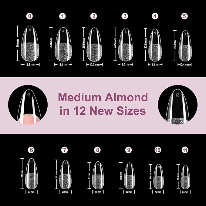 Misssix Medium Almond Gel Nail Tips, 216Pcs Pre Etched Clear Fake Nails, Full Cover Soft Acrylic False Nail Glue and Nail Glue Remover for Women 12 Sizes