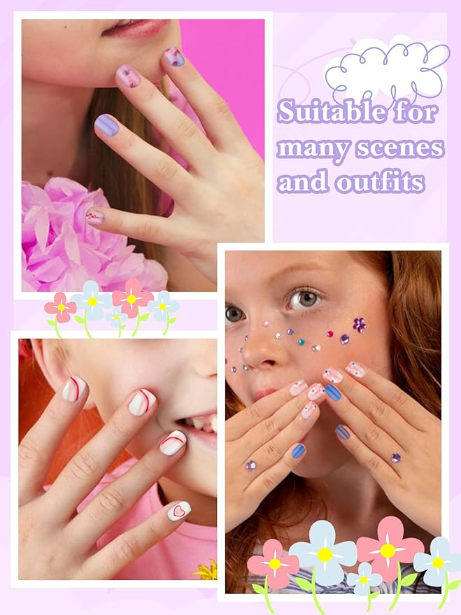 130 Pieces Press on Nails for Kids, EBANKU 5 Pack Kid Fake Nail Kit Old Cute Flower Mermaid Butterfly Heart Press on Nails for Girls 8-12 Years with Jelly Nail Adhesives & Nail Builder Glue