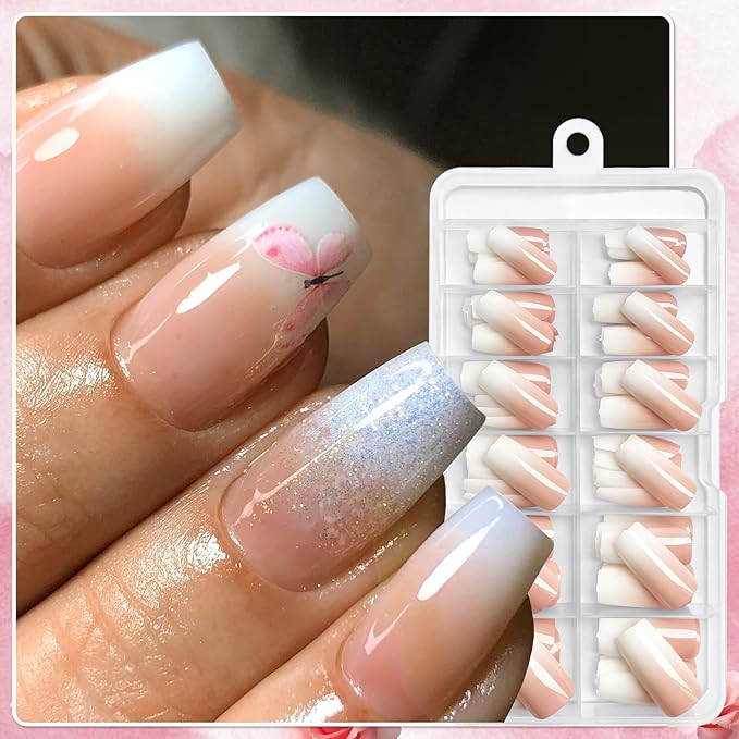 AddFavor 240pc Ombre Square Press on Nails Long Fake Nails - Glue on Nails Square Acrylic Nails Press ons Nail Tips Long Stick on Nails with Nail Glue and Adhesive Tabs for Women