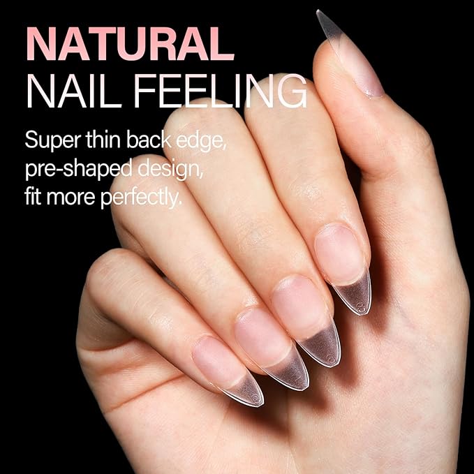 AILLSA Medium Almond Nail Tips 450PCS Full Cover Clear Acrylic Nail Tips Double-Sided Matte No Need Base Coat Press on Fake Nails Tips for Extension False Nails DIY Salon 15 Sizes