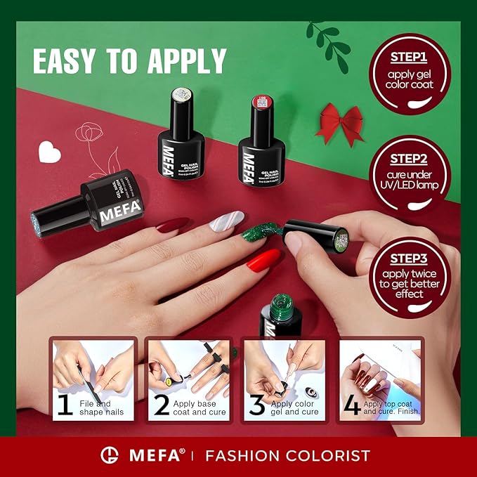 MEFA Gel Nail Polish Set, 6 Colors Burgundy Red Dark Green Glitter Gel Polish Silver Gold Sparkle Nail Polish Manicure Soak Off DIY Salon Decorations Gifts