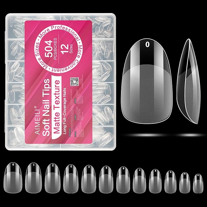 AIMEILI Short Oval Acrylic Nail tips Fake Nails, Pre-shape 504pcs Round Soft Gel Nail Tips Press on Nails for Full Cover False Nails 12 Sizes