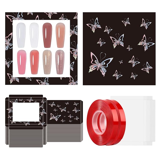 ANGNYA 72PCS Empty Press On Nail Packaging Box Contains 35PCS Butterfly Press On Nail Boxes, 35PCS White Display Cards, 2PCS Double Sided Tapes, Nail Tip Storage Case for Press-on Nail Business