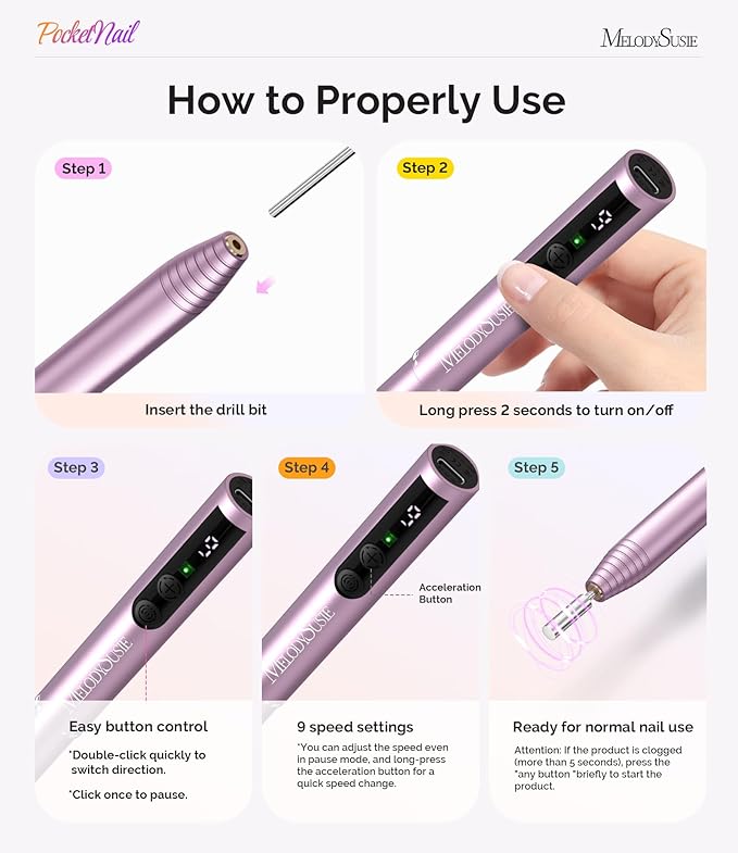 MelodySusie PocketNail Pen-Shaped Cordless Modular Nail Drill, PC100GR 20000RPM Slim Portable Rechargeable Electric File for Manicure Pedicure Nail Care, Shaping & Gel Removal at Home for Beginners