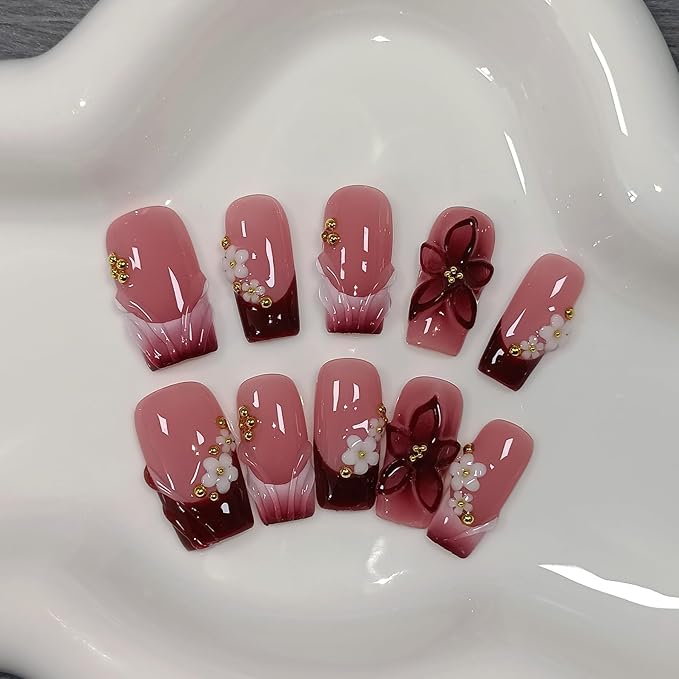 Sweet Cherry Red Press on Nails Medium Long Square - Sheer 3D Floral Pearl Embossed Glossy False Nails for Women Fall Winter Party-Acrylic Handmade French Tips Fake Nails for Makeup(M)