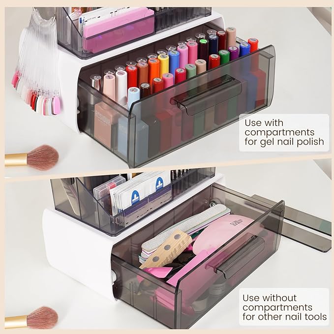 Nail Tech Desk Organizer Case: 2 Layers Nail Tech Organizers with Nail Polish Storage Drawer- 53 Holes Nail Drill Bits & Nail Brushes Pens Holder for Manicure Nail Supplies (Grey)
