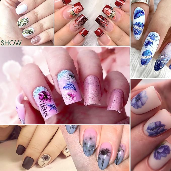 48 Sheets Flowers Nail Art Stickers, Holographic Spring Floral Water Transfer Nail Decals Design, Flowers Leaf Butterfly Nail Sticker for Women Girls Manicure Decorations Resin Nail Decal Tattoo Set