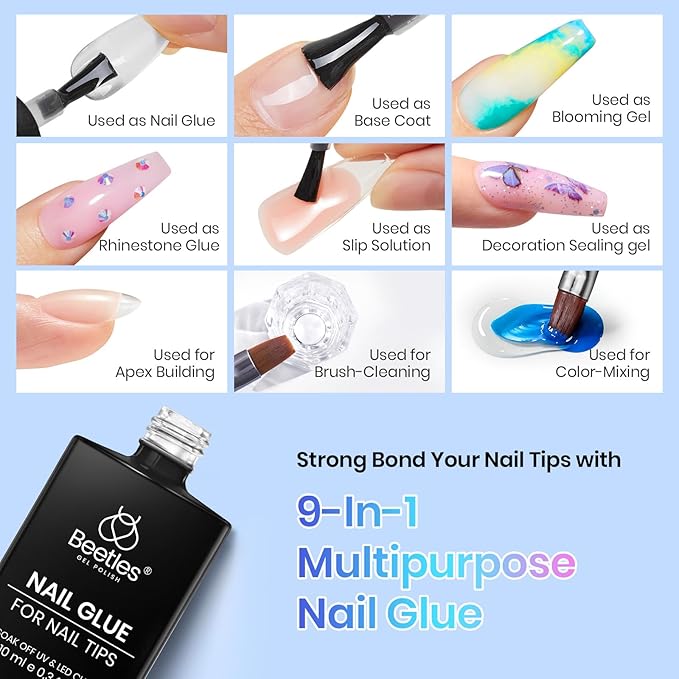 Beetles 9 In 1 Gel Nail Glue Nail Dehydrator and Primer, Professional Nails Prep Acid-Free Hema-Free Dehydrate Bond Primer for Press On Nails Tips Extension Gifts for Her