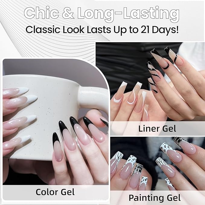 Black and White Gel Nail Polish Art Liner – 2 Colors Gel Nail Polish White Black Liner for Nail Art Design French Tips Soak Off UV/LED 8ml (B6)