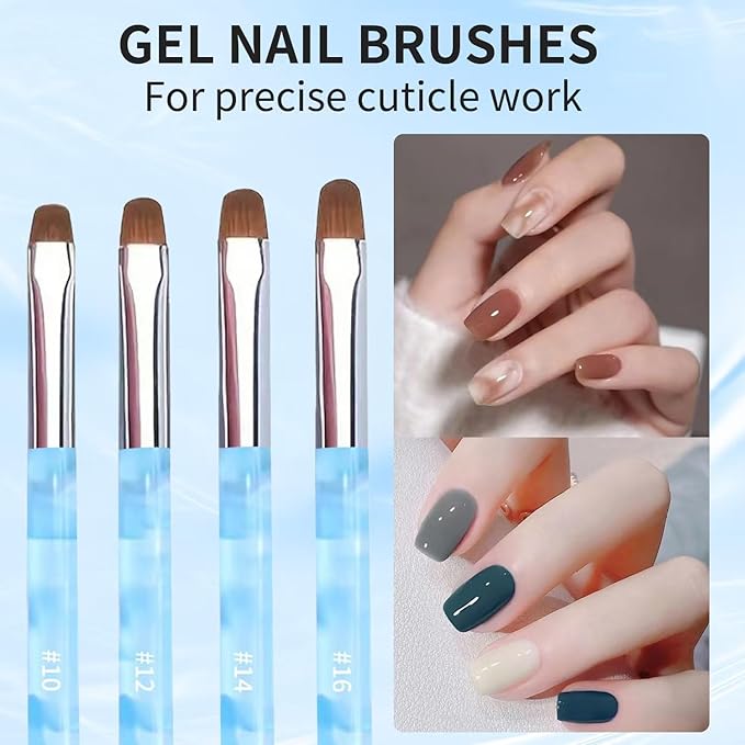 4Pcs French Tip Brush, Double-Ended French Brushes for Nails with Dotting Tool, Clean Up Brush for Gel Nail Polish, Size 10/12/14/16, Acrylic Nail Art Brushes, Manicure Tools for Nail Design-Blue