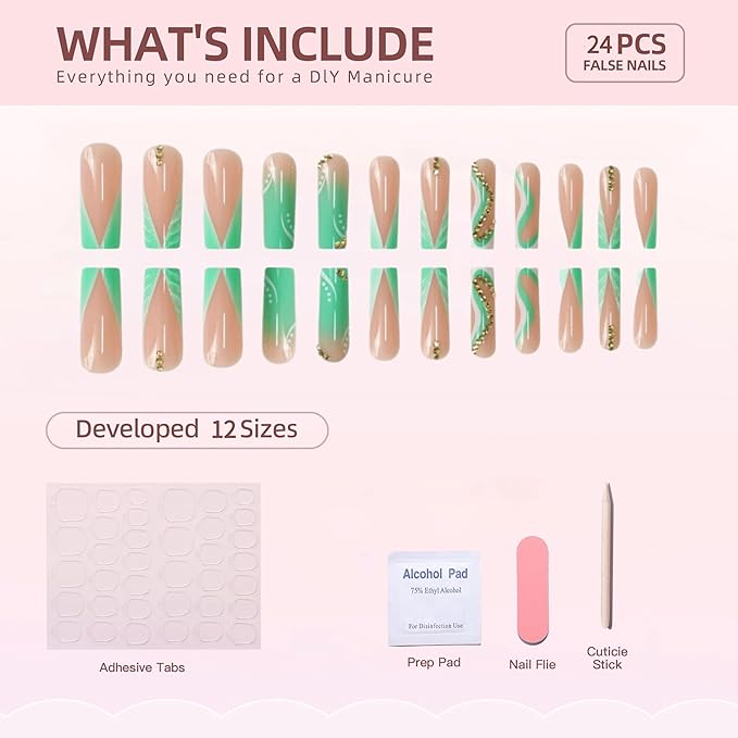 24Pcs Press on Nails Long Square Fake Nails Green French Tip Acrylic Nail with 3D Swirl Designs False Nails Gold Rhinestones Glue on Nails for Women Manicure