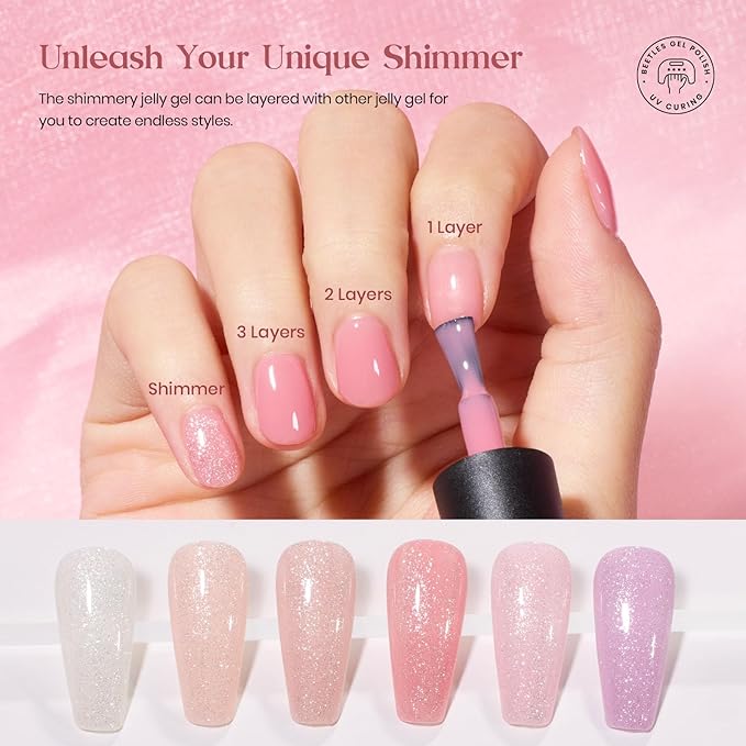 Beetles Nude Pink Gel Nail Polish Set, Nude Paradise Valentines Gel Polish Kit 25PCS 20 Colors Jelly Pink Sheer Glitter White Soak Off UV Base Glossy Matte Top Coat Nail Charms Gift for Women