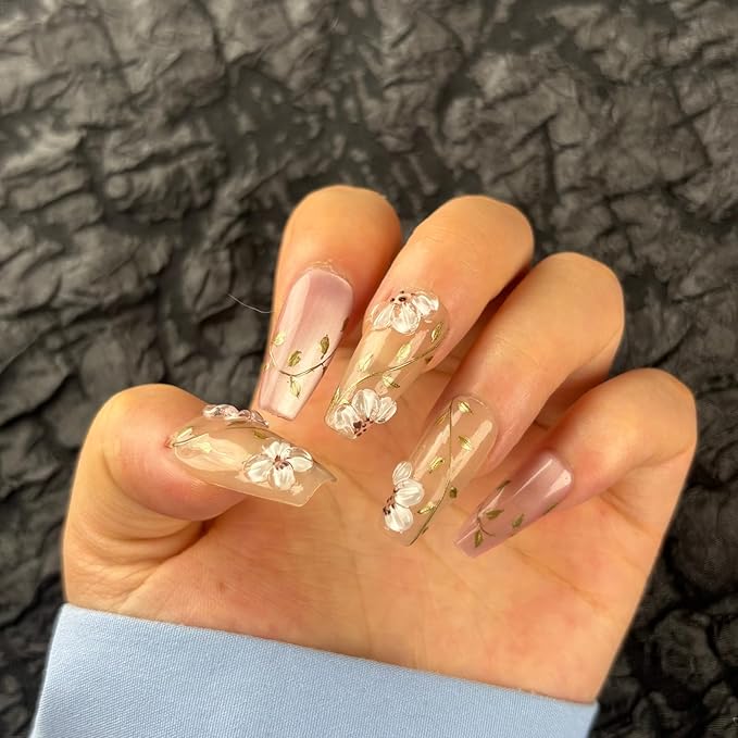 Trendy Handmade Press On Nails Medium Coffin Shape,10Pcs Hand Painted Acrylic Fake Nails with 3D Flower Charm Design Clip On Nail for Woman Gift-Design Concept:"Today's Flowers"