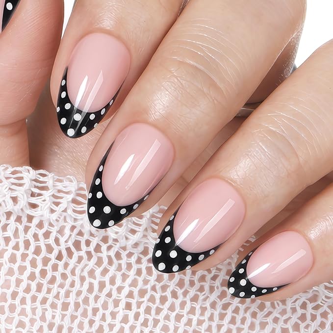 UNA GELLA 32Pcs Soft Gel Press on Nails - 16 Sizes Polka Dot French Tip Almond Glue on Nails, Reusable Nude False Nails with Black Dots, Full Cover Acrylic Nail Kit for Women DIY Home Manicure