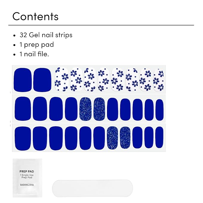 Dashing Diva Gloss Nail Strips - Flor Azul - UV Free, Chip Resistant, Long Lasting Gel Nail Stickers - 3-Piece Manicure Set - Contains 32 Wraps, 1 Prep Pad, 1 File
