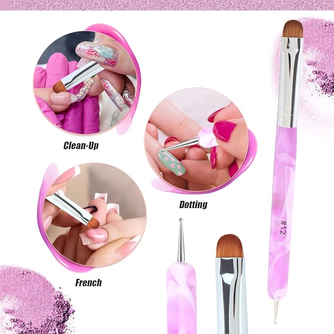 French Manicure Brush - Two Way Nail Art Brush with Dotting Tool for Cuticle Clean Up & Nail Art Design - Professional Salon Quality, Pink (12#)