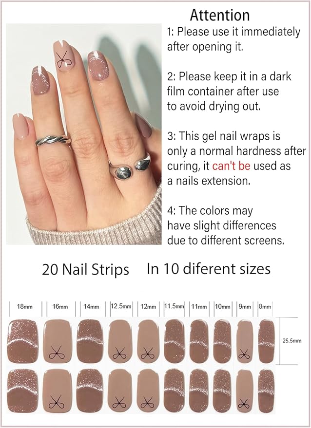 Valentine Semi Cured Gel Nail Strips, Nude Glitter, Cat Eye 20pcs Adhesive UV Sticker, Wraps for Home Manicure DIY