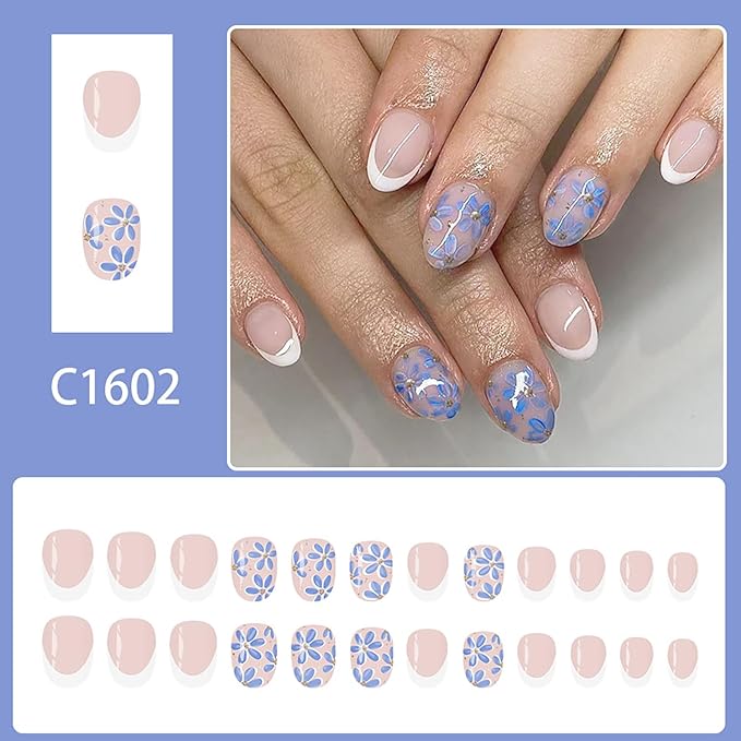 Blue Flowers Press on Nails Short Oval Fake Nails with Floral Designs White French Tip False Nail Glossy Full Cover Artificial Fingernails Spring Summer Stick on Nail for Women 24Pcs