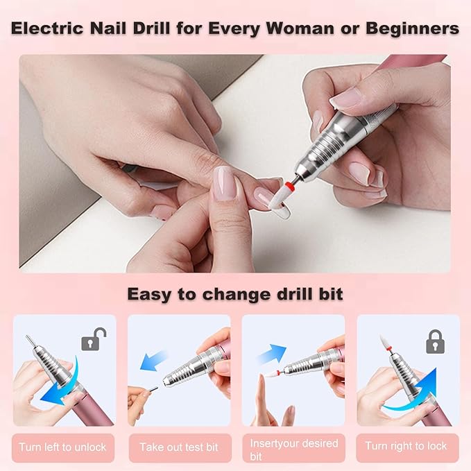Electric Nail Drill with Brushless Motor, 40000RPM Professional Cordless Nail File for Acrylic & Gel Removal - Rechargeable Manicure & Pedicure Kit with 12 Bits for Home and Salon Use (Pink)