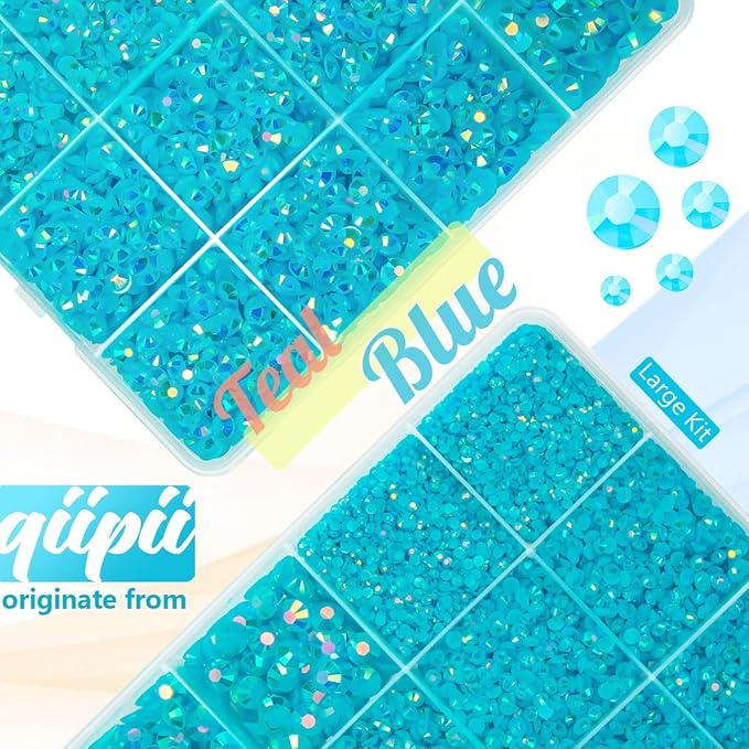 Teal Blue AB Resin Rhinestones w B7000 Glue for Bedazzling Crafting 2mm-6mm Turquoise Blue Flatback Jelly Stones Diamonds Gems Bedazzler Kit for Nails Eyes Face Makeup Tumblers Bottles Crafts