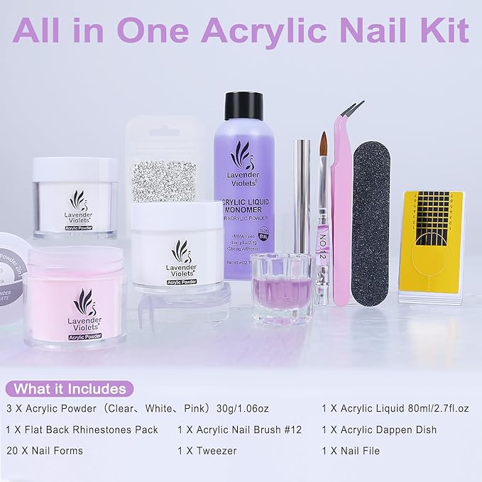 LAVENDER VIOLETS Acrylic Nail Kit for Beginners - 30g Clear White Pink Powder and 80ml Acrylic Liquid Set with Brush, Nail Forms, and Tools Professional Nail Set for Home DIY N301