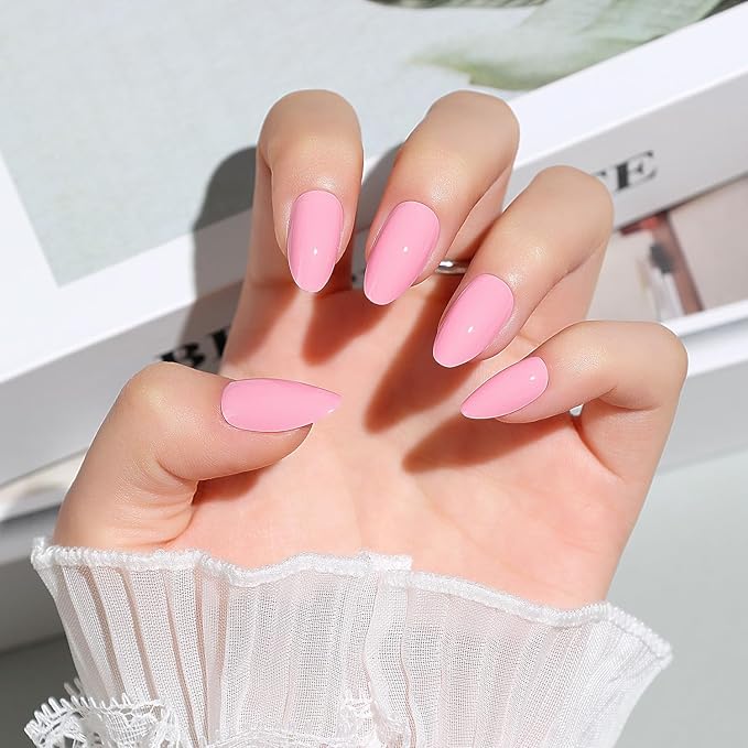Luxbon Short Almond Press On Nails with No-Cure Nail Glue and Tool Kit – False Soft Gel Tips 25-30pcs Full Size Set, Reusable Fake Nails for Women, Stick On Nails, Pink
