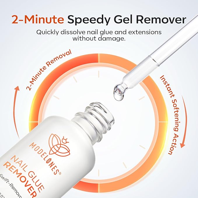 Modelones 50 ML Nail Glue Remover for Press On Nails, Upgrade Clear Stick On Nails Remover for Acrylic Tips, Nail Polish Remover with Wood Stick
