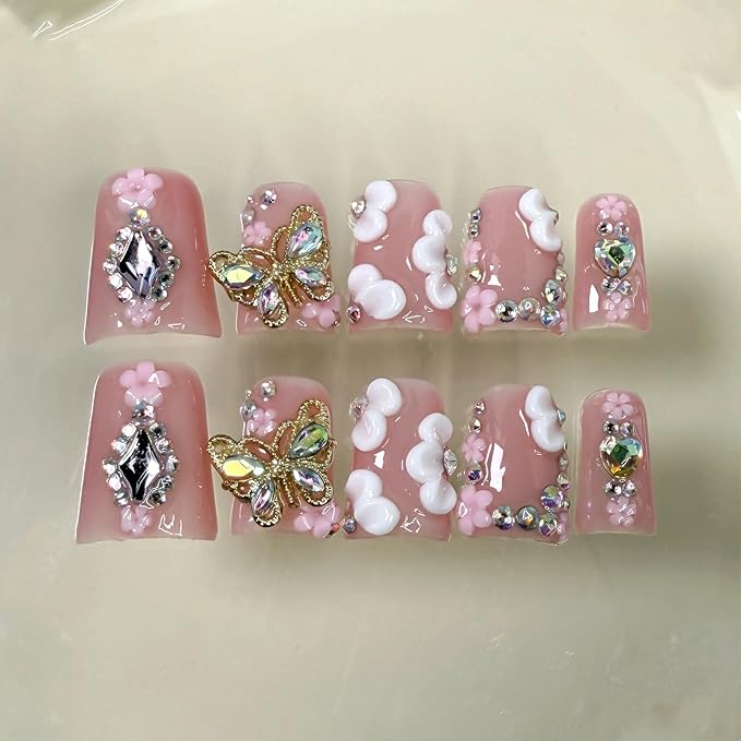 10Pcs Flower Butterfly Press on Nails Handmade Duck Fake Nails with 3D Flower Butterfly Rhinestone Design Pink False Nails Short Acrylic Nails Press ons Cute Handmade Glue on Nail for Women (S)