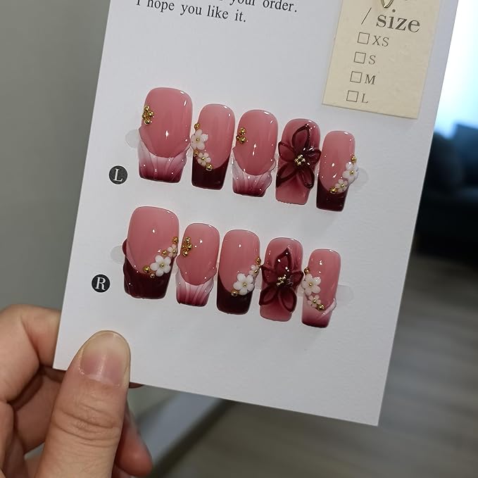 Sweet Cherry Red Press on Nails Medium Long Square - Sheer 3D Floral Pearl Embossed Glossy False Nails for Women Fall Winter Party-Acrylic Handmade French Tips Fake Nails for Makeup(M)