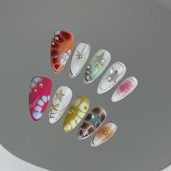 10 Medium Almond Handmade Press On Nails | Y2K Aesthetic Colorful Abstract Fake Nails with Marble, Star & Gold Studs |Reusable Salon Quality Nails(5U01, S)