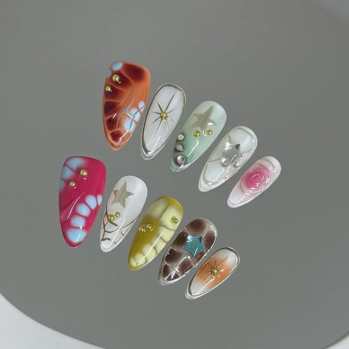 10 Medium Almond Handmade Press On Nails | Y2K Aesthetic Colorful Abstract Fake Nails with Marble, Star & Gold Studs |Reusable Salon Quality Nails(5U01, S)