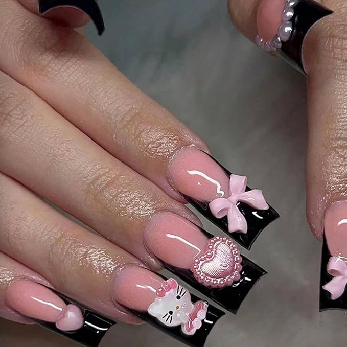 Cute Press on Nails Medium Long Black French Fake Nails Square Pink Glossy 3D Heart False Nail Tips Artificial Nails Finger Manicure for Women 24pcs