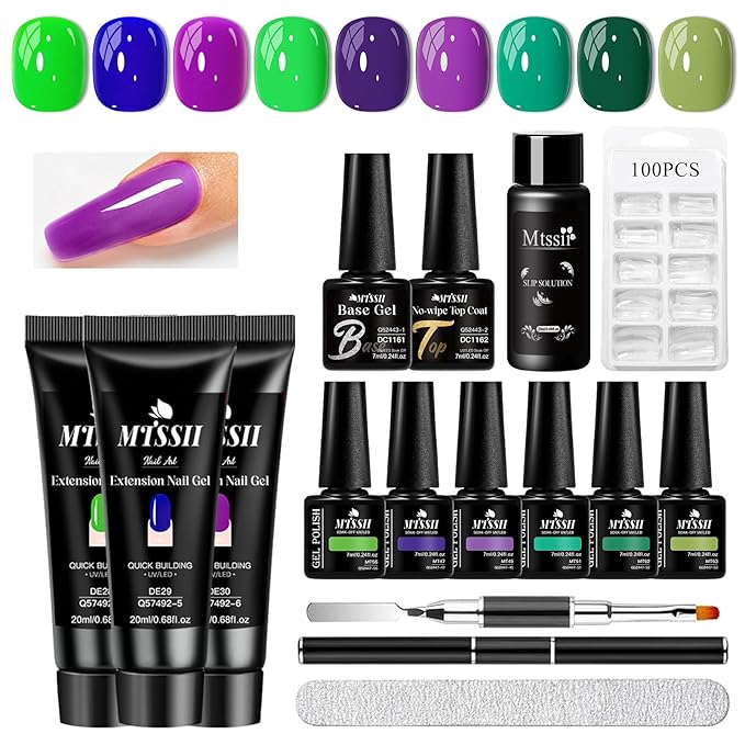 MTSSII 15Pcs Gel Nail Polish Set 6 Colors Gel Polish + 3Pcs Poly Gel Set Blue Purple Green Poly Nail Gel Set with Base Top Coat, Dual-Ended Brush Nail Art Salon DIY at Home