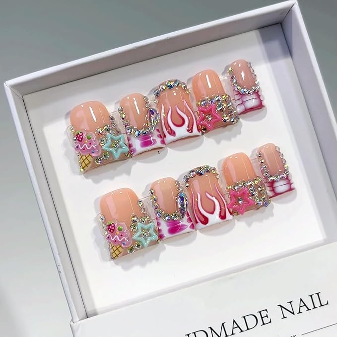 10Pcs Short Duck Press on Nails Handmade Fake Nails with Flame Star Rhinestone Design Multi Layer Gel False Nails Acrylic Duck Nails Press ons Artificial Handmade Stick on Nail for Women (S)