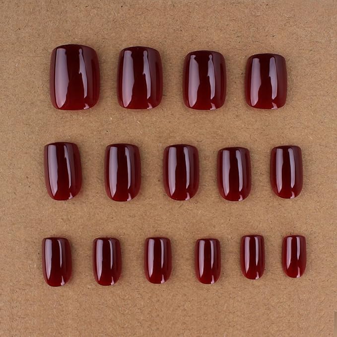 Burgundy Press On Nails Short Square Shape, Glossy Gel Finish Acrylic Fake Nails Kit, Reusable Glue On Nails, Long-Lasting, Natural Stick-On Manicure Set for Women, 24pcs DIY Elegant Nails