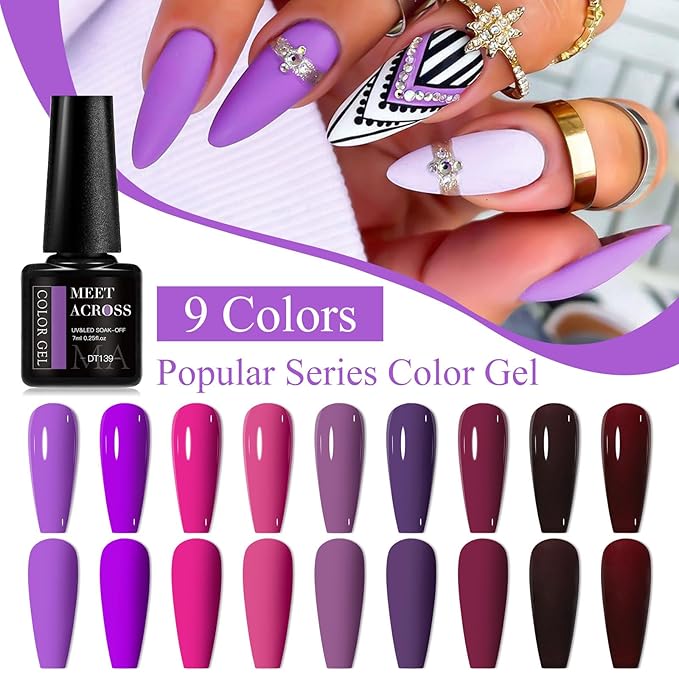 MEET ACROSS 12pcs Gel Nail Polish Set,Soak Off UV LED Lamp Gel Nail Polish Kit,Fashion Shimmer Nail Art Design Gifts for Women Manicure Salon (Purple Red)