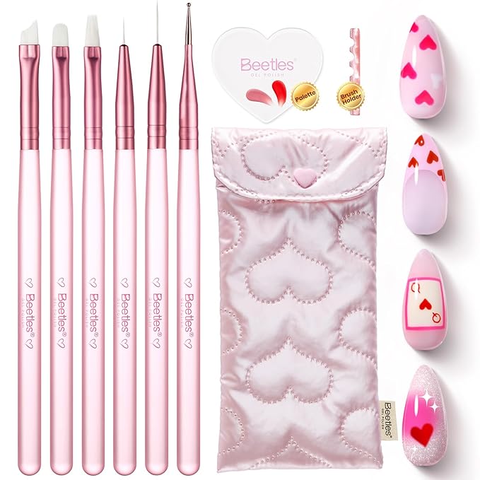 Beetles Nail Art Brushes 6pcs – Cherish Nail Art Tools Liner Brushes for Nails Dotting Tool Gradient French Manicure Design Pen with Heart Palette Brush Holder Pouch Bag, DIY Gift for Women